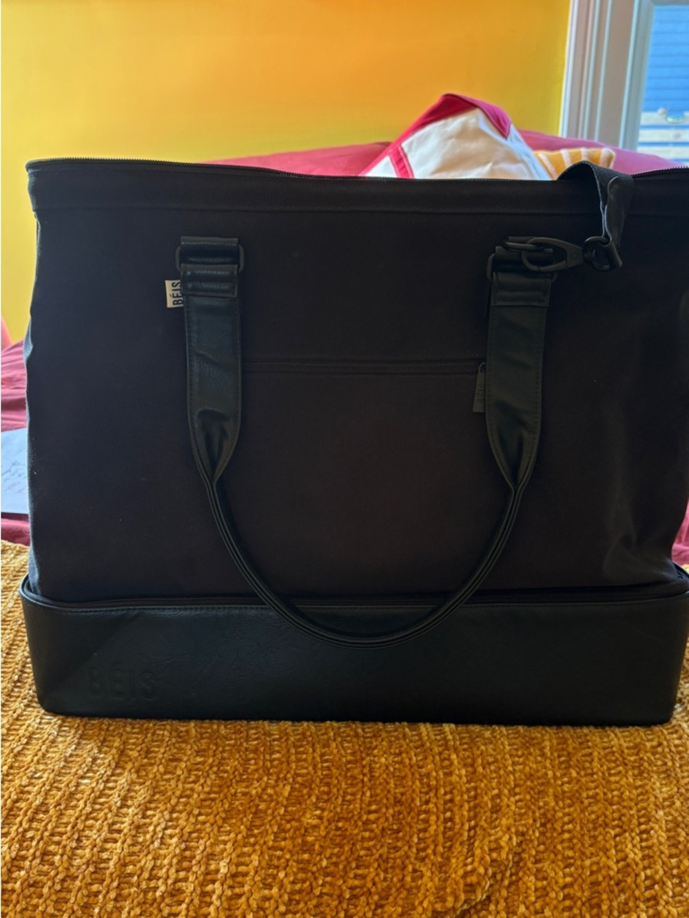 BEIS Black Travel Tote Bag with Bottom Compartment